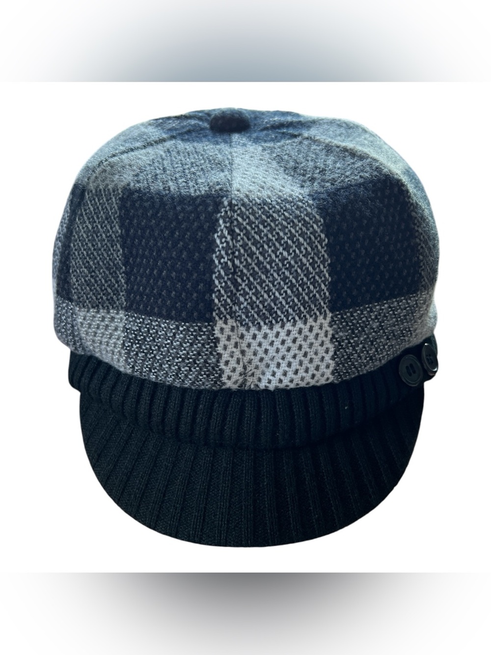 Women Plaid Knit Newsboy Cap with Ribbed Brim - Black & Gray